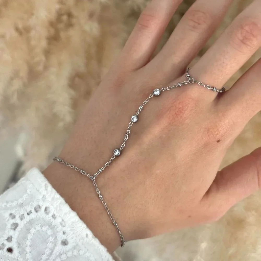 sku:0142 Silver tone chain ring - bracelet zircon stone material stainless steel